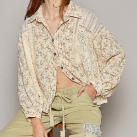 POL floral top - patch top - lace crochet button down top medium/large Boutique - Picture 8 of 11